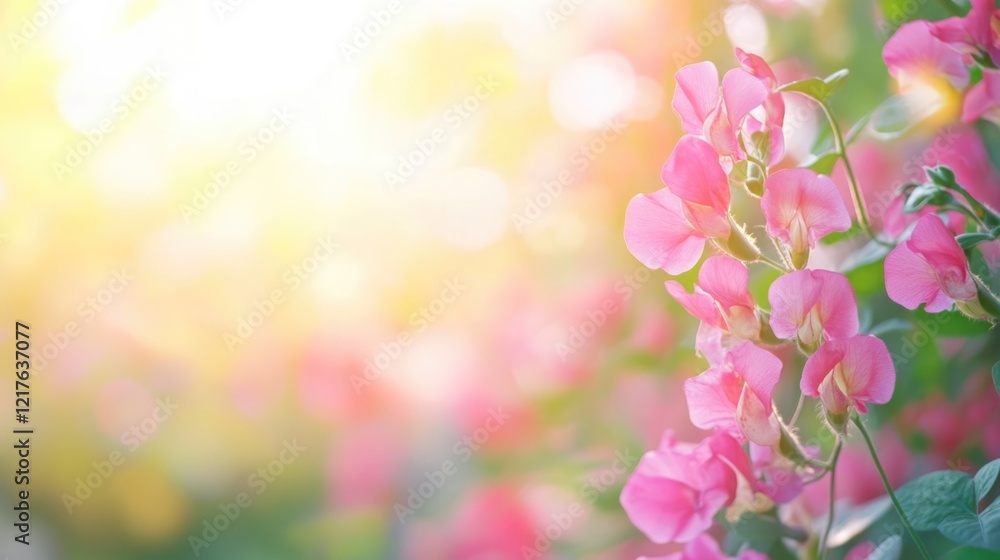 Pink sweet pea flowers with a softly blurred background and bright light creating a dreamy atmosphere Copy Space Pink sweet pea flowers with a softly blurred background and bright light creating a dreamy atmosphere Copy Space