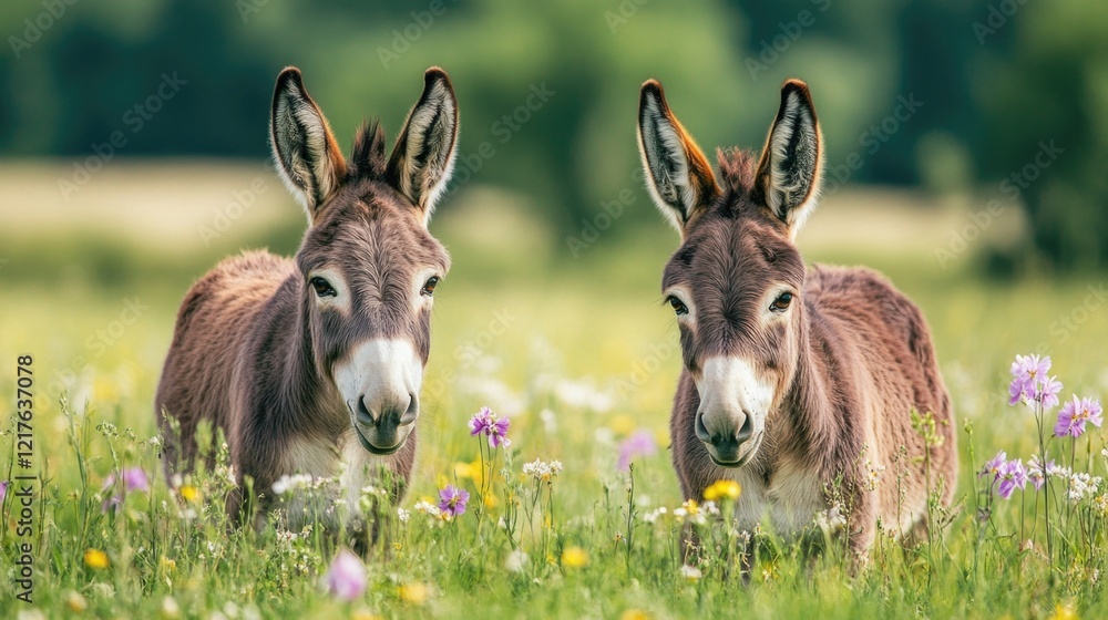 Two brown donkeys standing in a vibrant flower field with green blurred background and Copy Space for text placement. Two brown donkeys standing in a vibrant flower field with green blurred background and Copy Space for text placement.