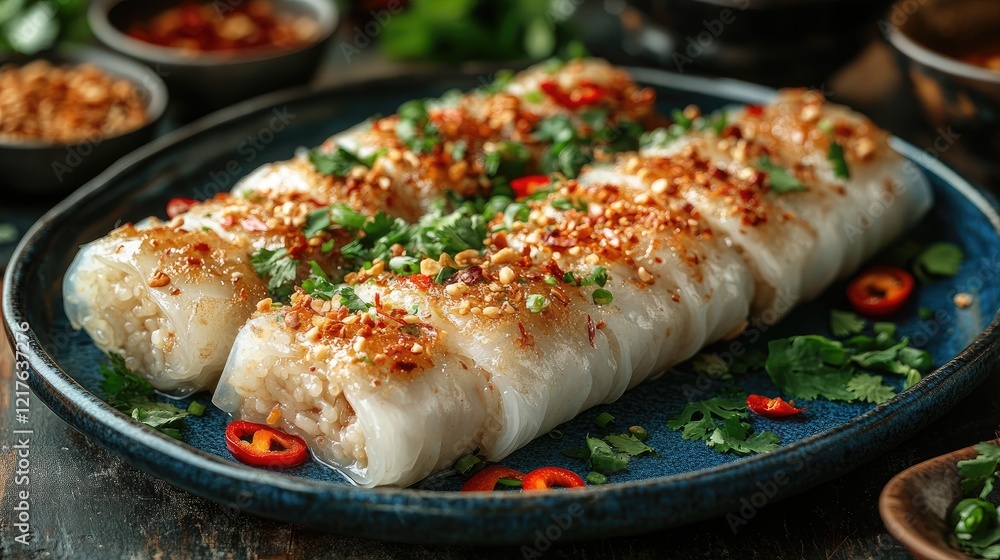 Vietnamese rice rolls with minced pork, topped with crispy shallots and fresh herbs on a blue plate with chili slices and dipping sauces in the background. Copy Space Vietnamese rice rolls with minced pork, topped with crispy shallots and fresh herbs on a blue plate with chili slices and dipping sauces in the background. Copy Space