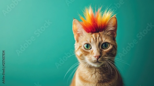 Ginger cat with colorful mohawk hairstyle against a teal background Copy Space