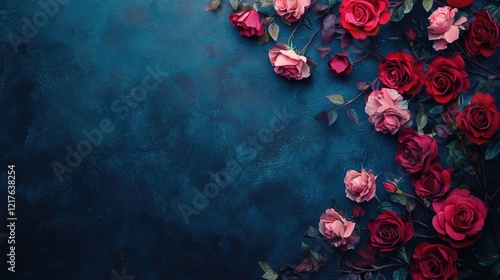 Fototapeta Naklejka Na Ścianę i Meble -  Colorful arrangement of red and pink roses on deep blue textured background with Copy Space for text placement