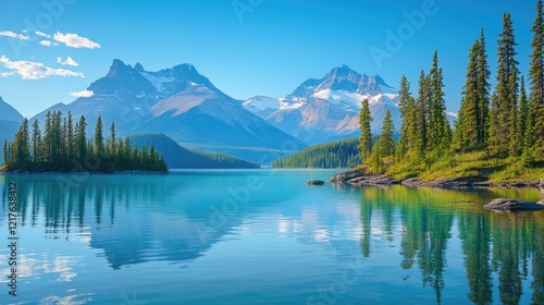 Mountain lake landscape with turquoise water and evergreen trees under clear blue sky, Copy Space available