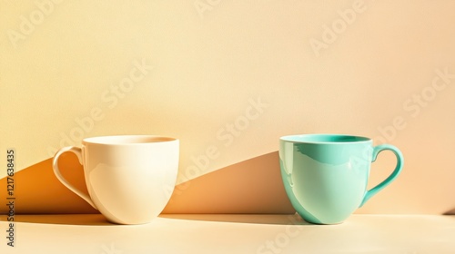 Wallpaper Mural Minimalist composition of two coffee mugs in neutral tones with soft shadows and warm lighting on textured background Copy Space Torontodigital.ca