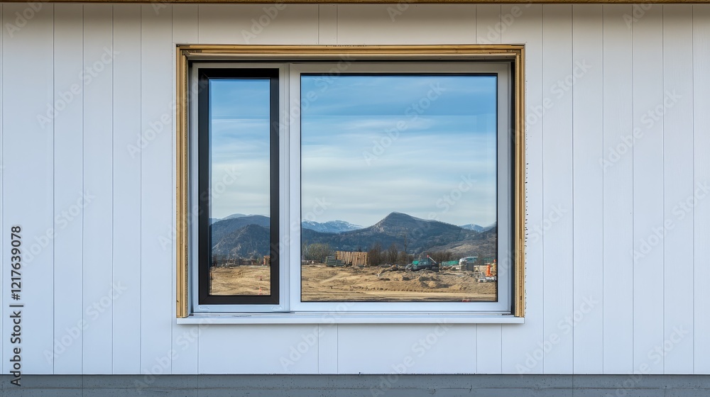 Modern window frame with mountain view reflecting on glass, minimalist architecture, natural light, Copy Space Modern window frame with mountain view reflecting on glass, minimalist architecture, natural light, Copy Space