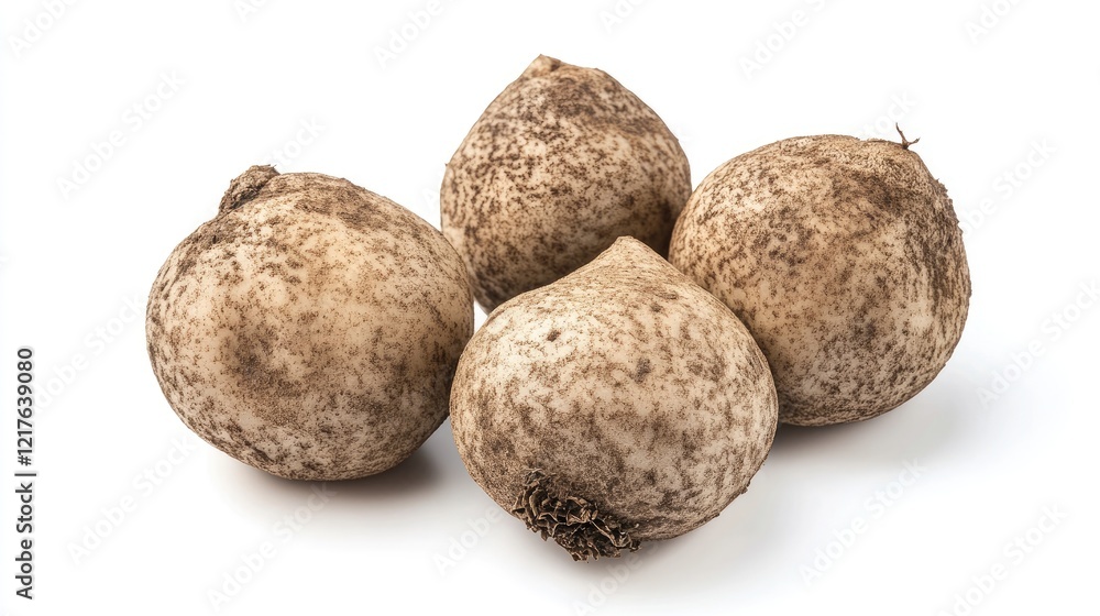 Four raw jicama tubers on white background with Copy Space for text Four raw jicama tubers on white background with Copy Space for text