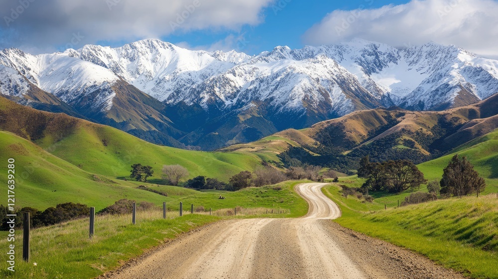 Fototapeta premium Winding gravel road through lush green hills with snow-capped mountains in the background under a blue sky with clouds Copy Space