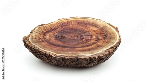 Wooden cross-section slice with visible tree rings and bark edges on a white background Copy Space photo