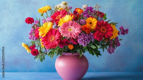 Wallpaper Mural Colorful bouquet of fresh flowers in a pink vase against a blue background with ample copy space for text or branding. Torontodigital.ca