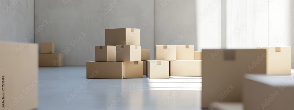 Cardboard boxes stacked in an empty room with gray walls and large windows providing natural light Copy Space Cardboard boxes stacked in an empty room with gray walls and large windows providing natural light Copy Space