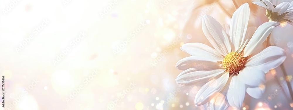 Obraz premium Delicate white flowers bordered by soft light with bokeh effects and ample copy space for text placement
