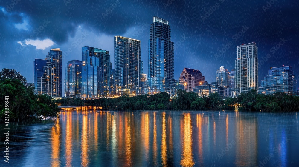 Fototapeta premium Rainy Night in Austin: Cityscape Reflection