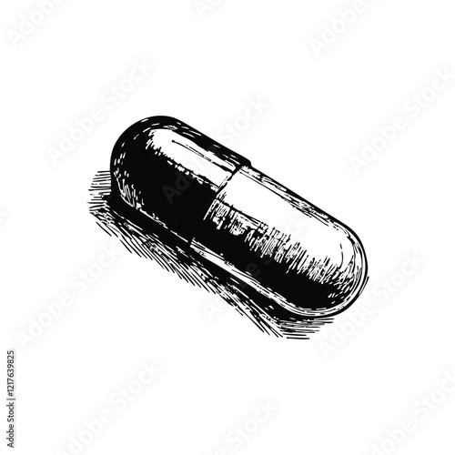 Hand-Drawn Single Capsule Pill Icon - Medication and Health Illustration