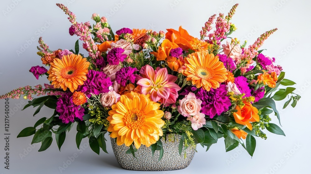 Obraz premium Vibrant floral arrangement featuring orange gerberas, pink roses, and mixed blossoms in decorative vase with Copy Space