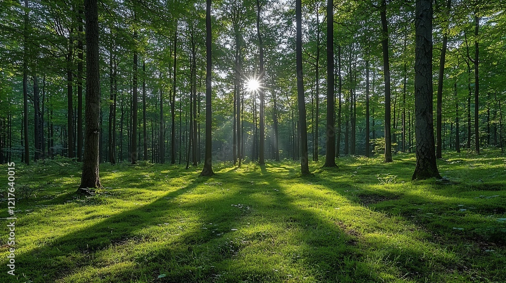 Obraz premium Sunbeams illuminating a lush green forest floor.