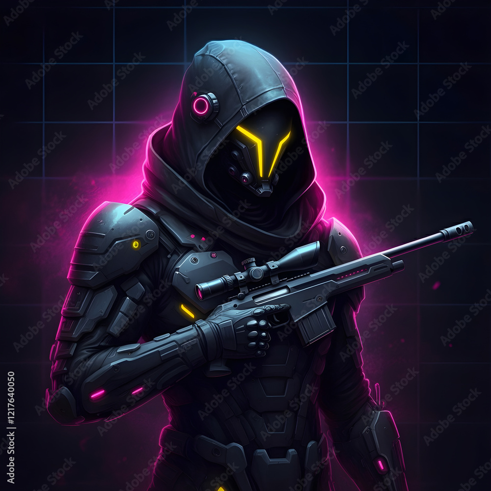 Fototapeta premium Mysterious Sniper in Neon Lights
