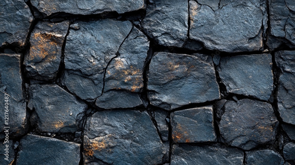 Fototapeta premium Dark textured stone wall with visible cracks and irregular surfaces suitable for background use Copy Space