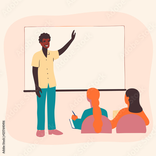 Illustration of a teacher presenting to an engaged classroom in a colorful and dynamic setting