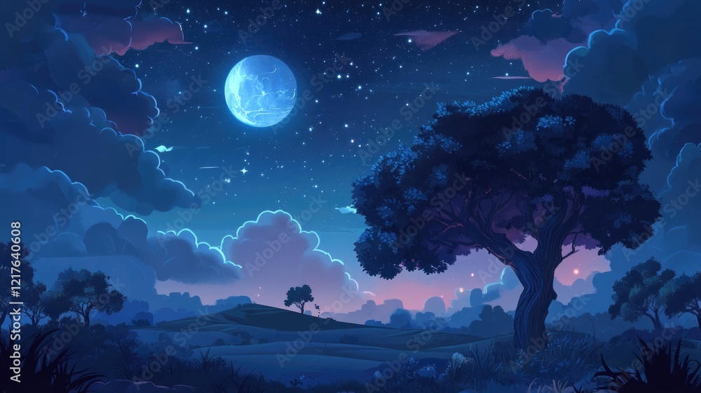Obraz premium Night sky landscape with a large moon, starry background, silhouetted trees, and soft clouds, featuring illuminated horizon and copy space.