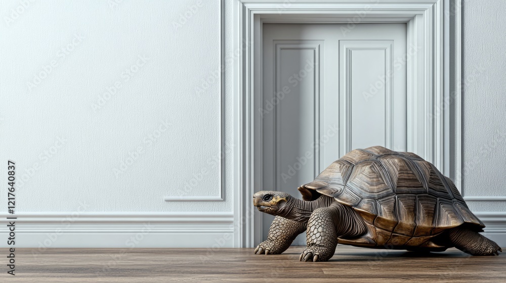 Obraz premium Tortoise Walking Toward Door in Minimalist Interior with Copy Space for Text