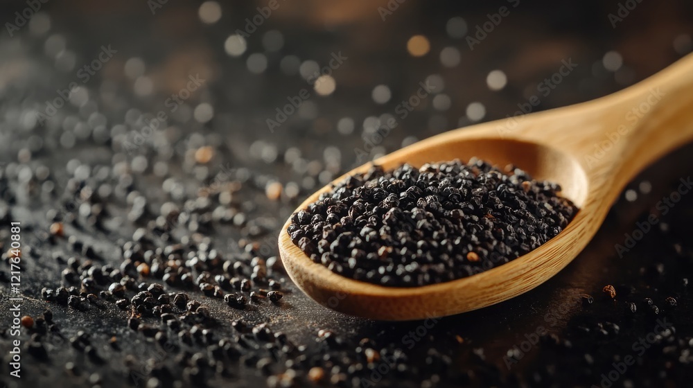 Black mustard seeds in a wooden spoon on a rustic table with scattered seeds and blurred background Copy Space Black mustard seeds in a wooden spoon on a rustic table with scattered seeds and blurred background Copy Space