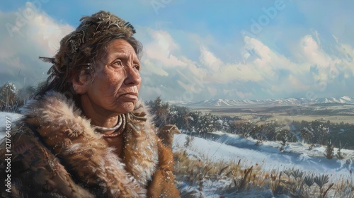 An elderly Indigenous woman gazes thoughtfully at a snow-covered landscape. photo