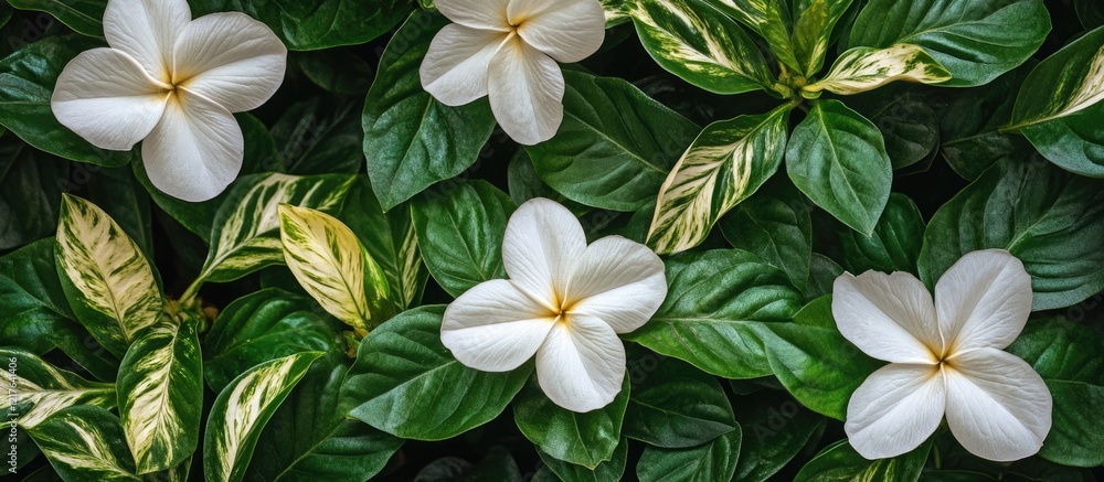 Elegant white flowers surrounded by lush green and yellow variegated leaves in a tranquil garden setting ideal for nature-themed designs Elegant white flowers surrounded by lush green and yellow variegated leaves in a tranquil garden setting ideal for nature-themed designs