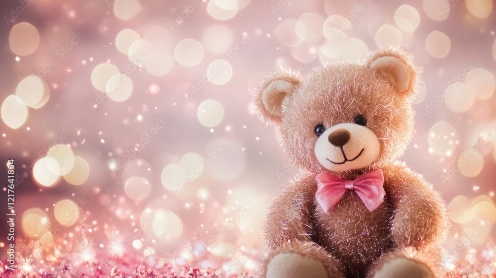 Fototapeta premium Teddy bear toy with a pink bow on a sparkling bokeh background soft focus Copy Space