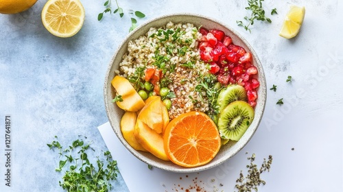 Wallpaper Mural Healthy quinoa bowl with fresh fruits including kiwi, orange, pomegranate, and mango on a light background Copy Space Torontodigital.ca