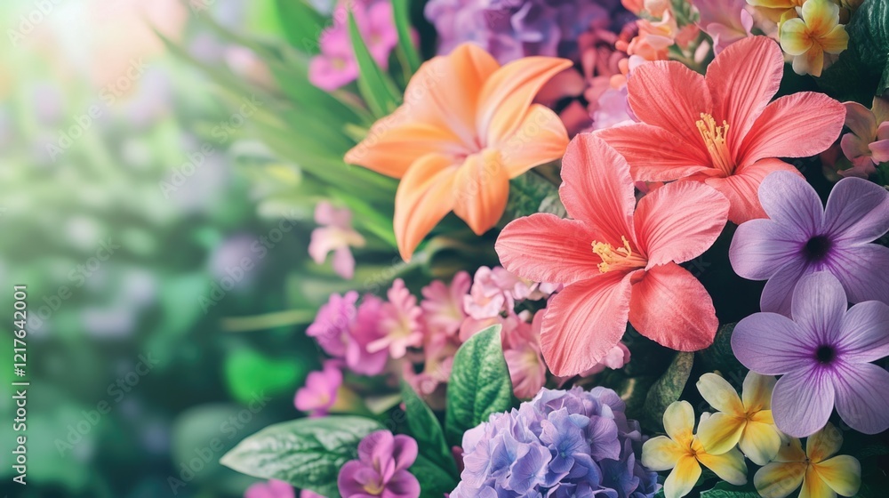 Fototapeta premium Colorful floral arrangement with various flowers including hibiscus, violets, and hydrangeas on a soft focus background Copy Space