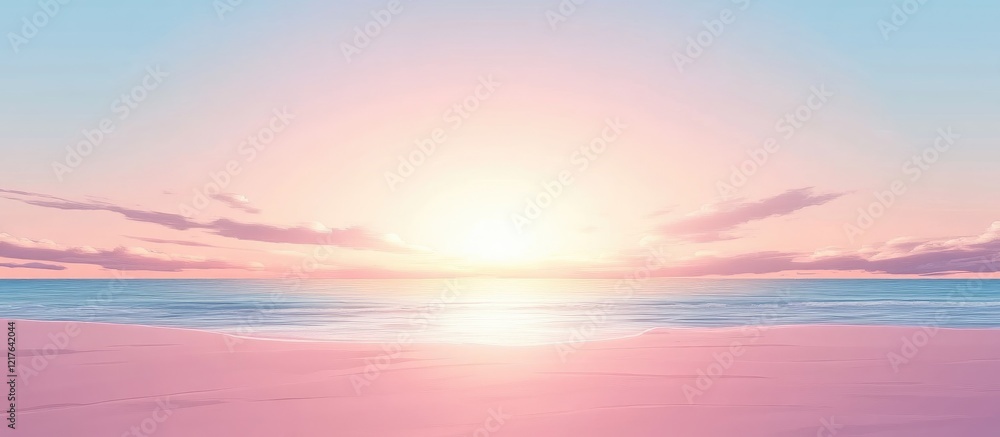 Fototapeta premium Serene Beach Sunrise with Soft Pastels and Tranquil Ocean Horizon Ideal for Romantic Themes and Text Overlay