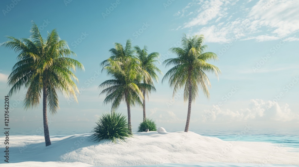 Tropical beach scene with palm trees and white sand against a clear blue sky and ocean Copy Space Tropical beach scene with palm trees and white sand against a clear blue sky and ocean Copy Space
