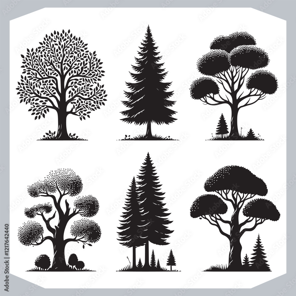 Black Silhouettes of Different Trees Stunning Vector Art Featuring Cedar
