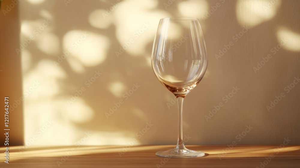 Empty wine glass on wooden table with soft shadow and light play against neutral background Copy Space Empty wine glass on wooden table with soft shadow and light play against neutral background Copy Space