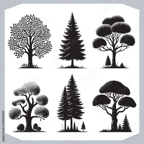 Obraz na płótnie Black Silhouettes of Different Trees Stunning Vector Art Featuring Cedar w salonie