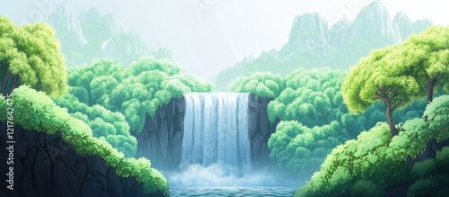 Tranquil waterfall cascading in lush green mountains with serene landscape and ample space for text overlay