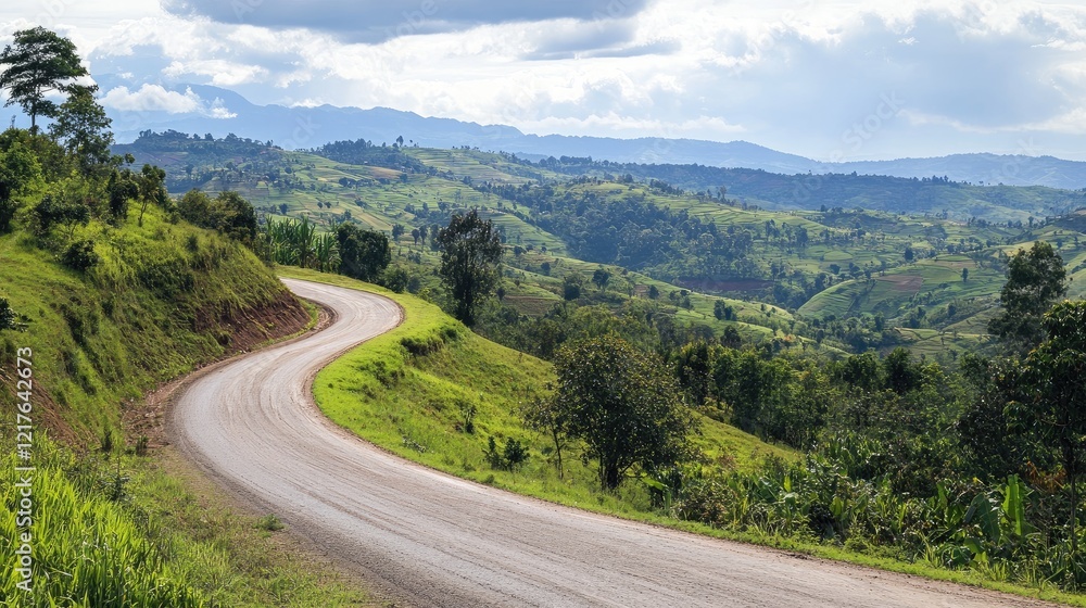 Winding rural road through lush green hills under a cloudy sky with distant mountains Copy Space Winding rural road through lush green hills under a cloudy sky with distant mountains Copy Space