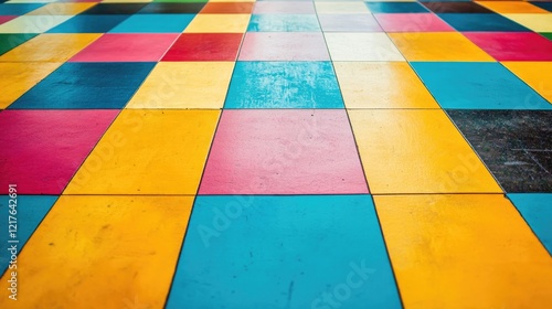 Colorful geometric patterned flooring with vibrant squares in blue, yellow, red, and green hues abstract background with copy space.
