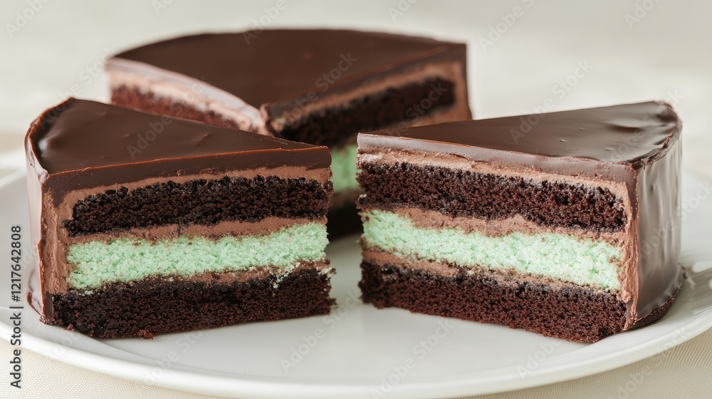 Mint chocolate layer cake with chocolate frosting sliced on a white plate with Copy Space Mint chocolate layer cake with chocolate frosting sliced on a white plate with Copy Space