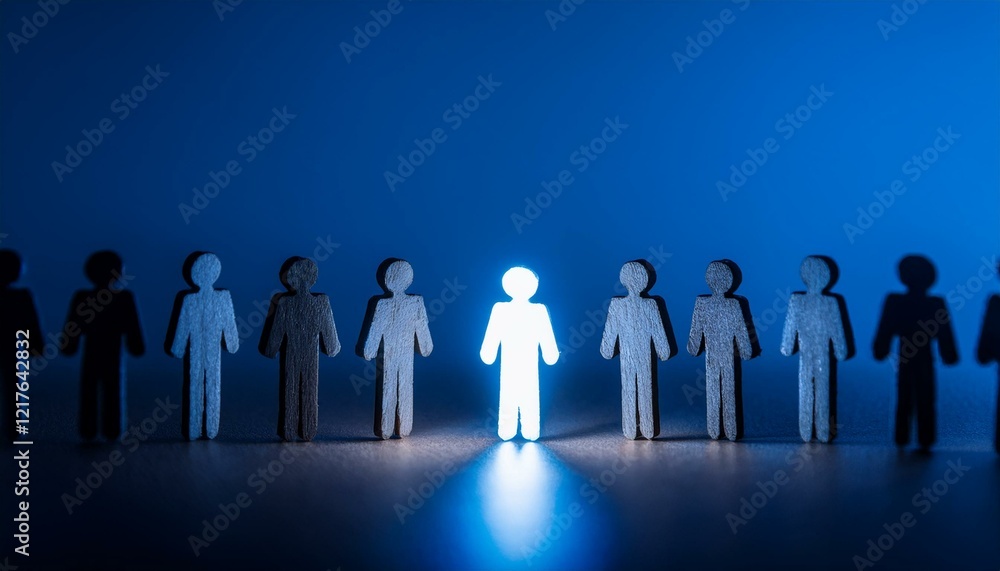 파란색 톤의 어두운 공간에 있는 수많은 인물 실루엣 중 하나만 은색으로 빛나며, 은은한 조명이 중앙의 인물에게 집중되어 있다 파란색 톤의 어두운 공간에 있는 수많은 인물 실루엣 중 하나만 은색으로 빛나며, 은은한 조명이 중앙의 인물에게 집중되어 있다