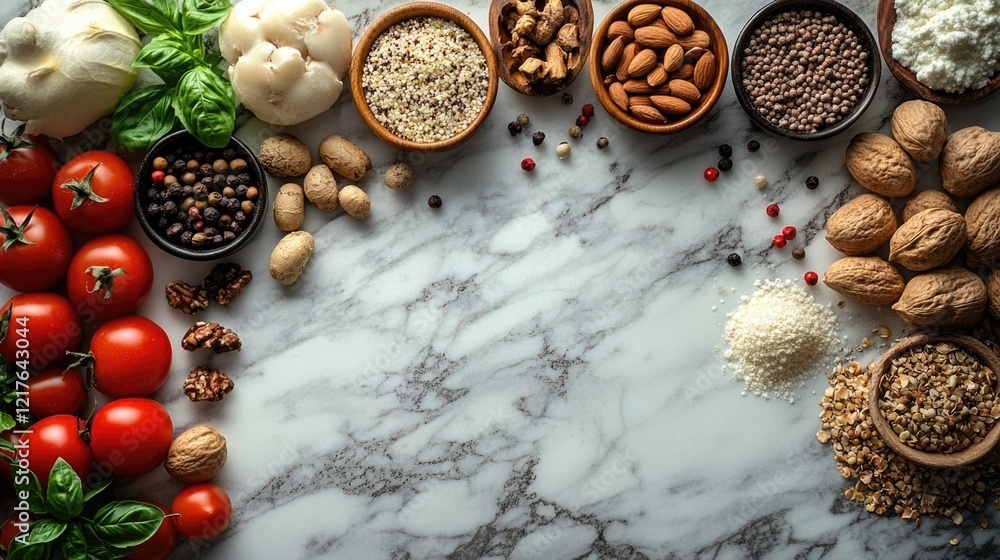 Fototapeta premium Gourmet ingredients assortment on marble background with tomatoes nuts seeds and herbs Copy Space