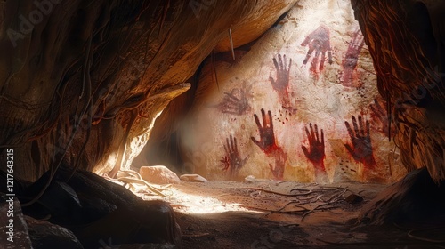 Ancient cave with hand prints illuminated by soft light