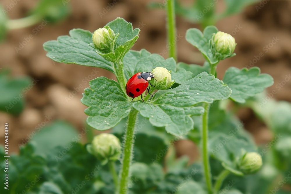 Bright red ladybug resting on green plant leaves with flower buds in a sunny garden setting Bright red ladybug resting on green plant leaves with flower buds in a sunny garden setting