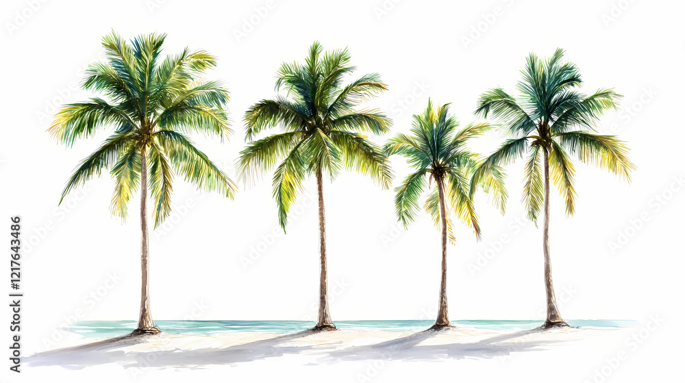 Palm trees by the ocean on a serene beach, white isolated background. Ocean Grove. Illustration Palm trees by the ocean on a serene beach, white isolated background. Ocean Grove. Illustration