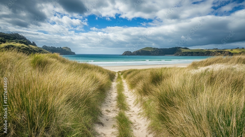 Coastal pathway leading through grass dunes to a sandy beach with turquoise water under a partly cloudy sky Copy Space Coastal pathway leading through grass dunes to a sandy beach with turquoise water under a partly cloudy sky Copy Space