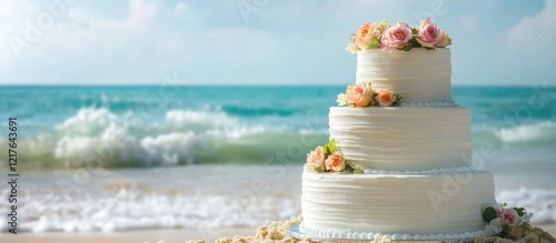 Beach Wedding Cake Decorated with Flowers and Ocean Backdrop Featuring Empty Copyspace for Text or Invitation Details photo