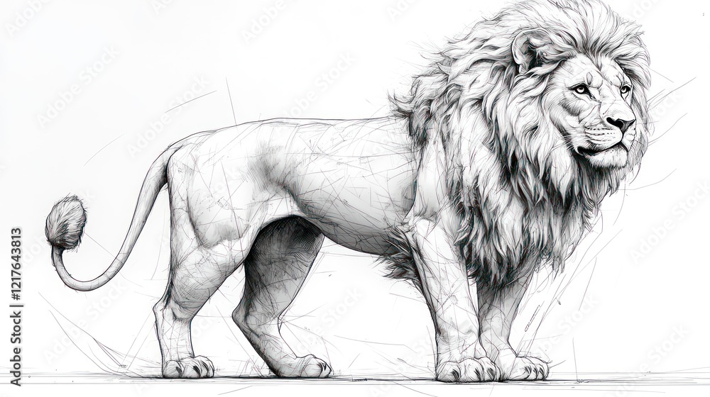 Obraz premium Majestic lion sketch, detailed grayscale illustration of a male lion in profile view.