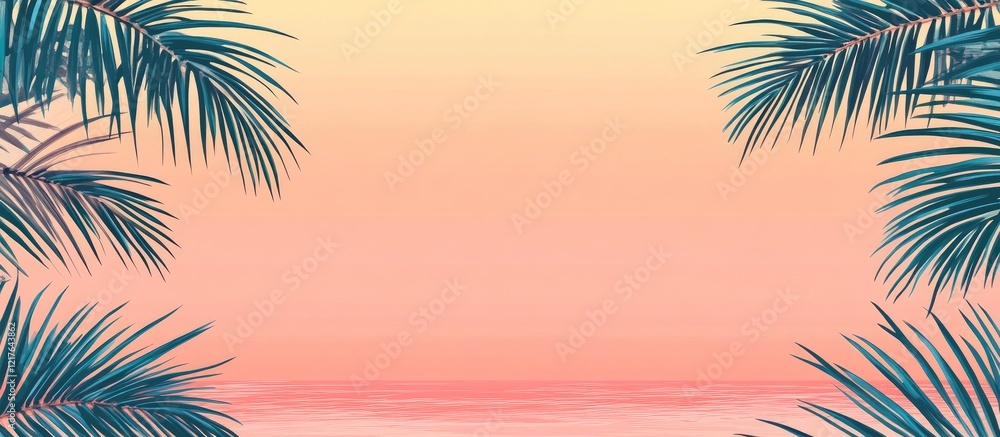 Fototapeta premium Tropical Beach Sunset Framed by Lush Palm Leaves with Generous Copy Space for Text and Design Elements