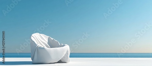 Beach lounge chair overlooking a tranquil ocean on a sunny day with a clear blue sky ideal for relaxation and summer getaway themes photo