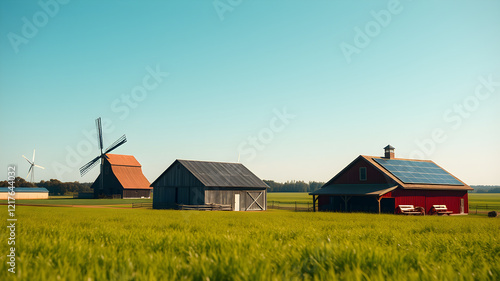 The image showcases a serene farm with two barns, both equipped with solar panels, signifying a sustainable approach to energy. Two windmills stand tall, harnessing the power of the breeze. The surrou photo