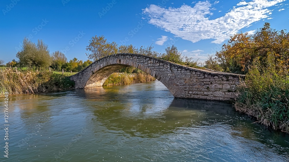 Fototapeta premium Rustic stone bridge spans tranquil river, autumn foliage background, travel poster